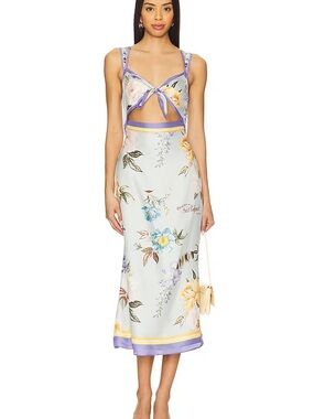 Floral Twill Silk Slip Dress with Lavender Trim